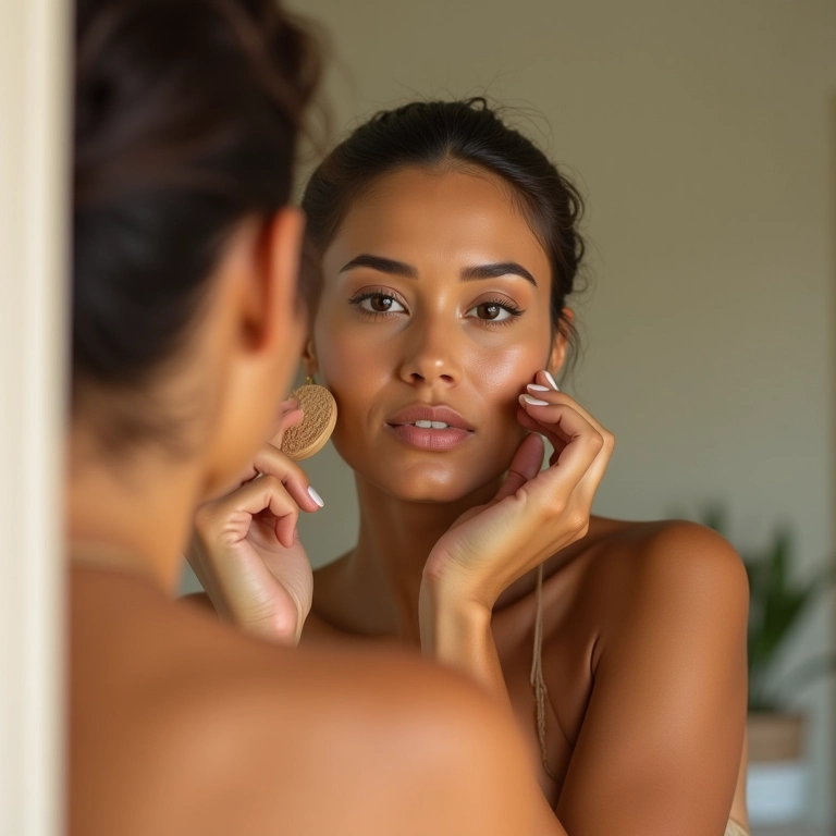 Mulher de pele morena aplicando pó translúcido para selar a base.