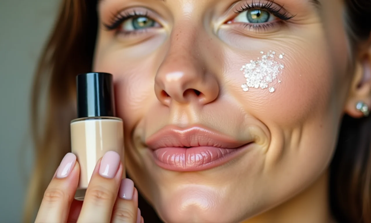 Mulher de pele seca aplicando base de alta cobertura hidratante.