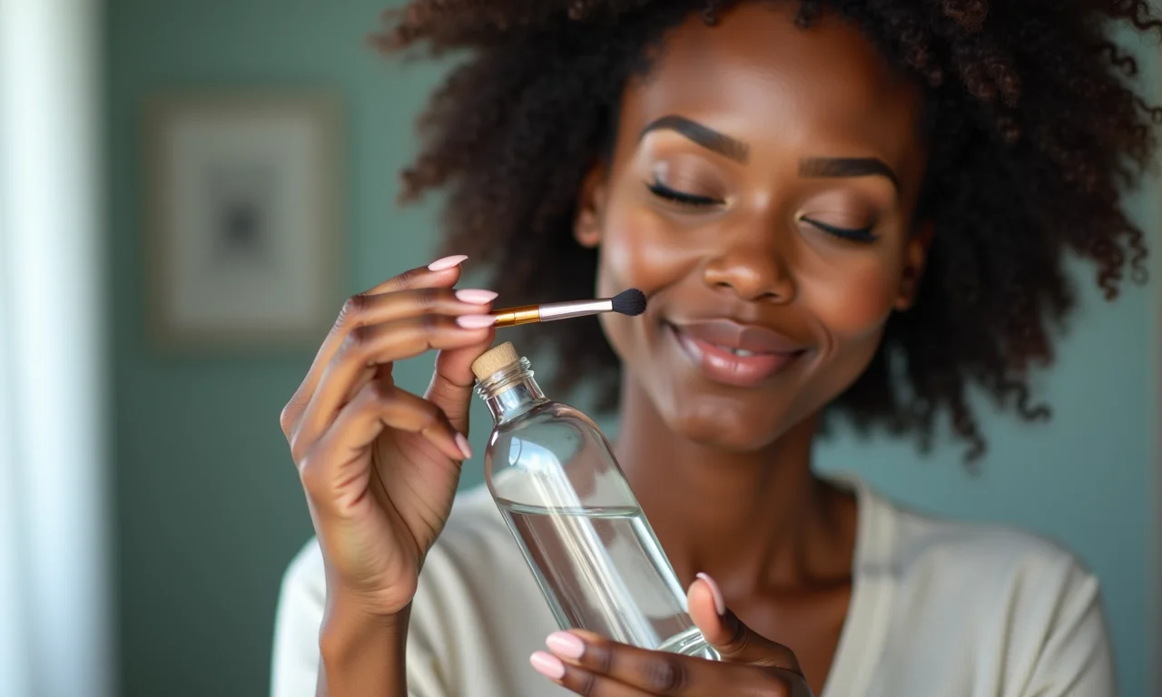 Mulher desinfetando pincéis com álcool diluído.