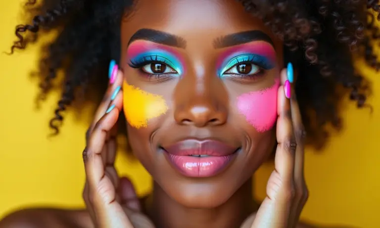 Mulher diversa aplicando corretivos coloridos no rosto com maquiagem.