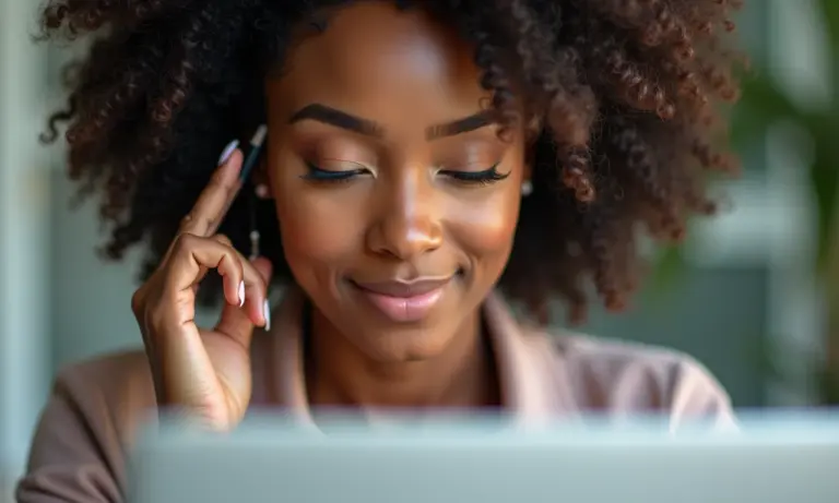 Mulher em videochamada aplicando maquiagem para parecer profissional.