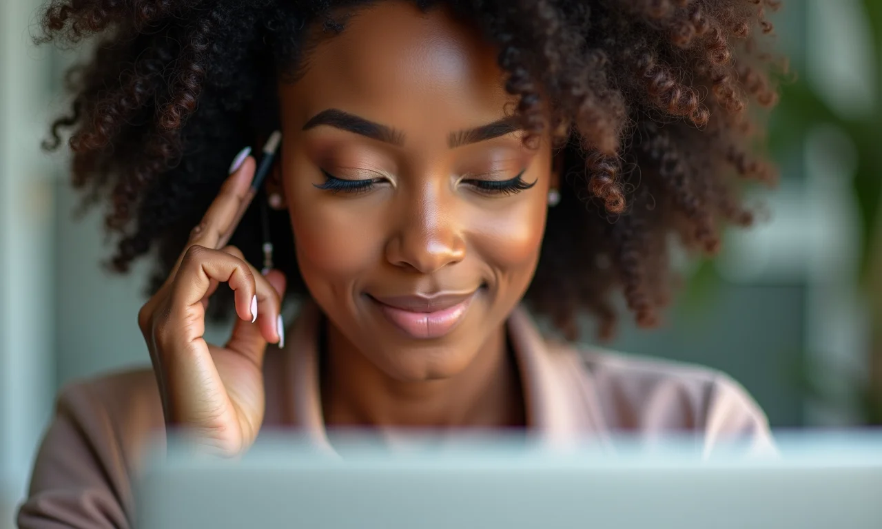 Mulher em videochamada aplicando maquiagem para parecer profissional.
