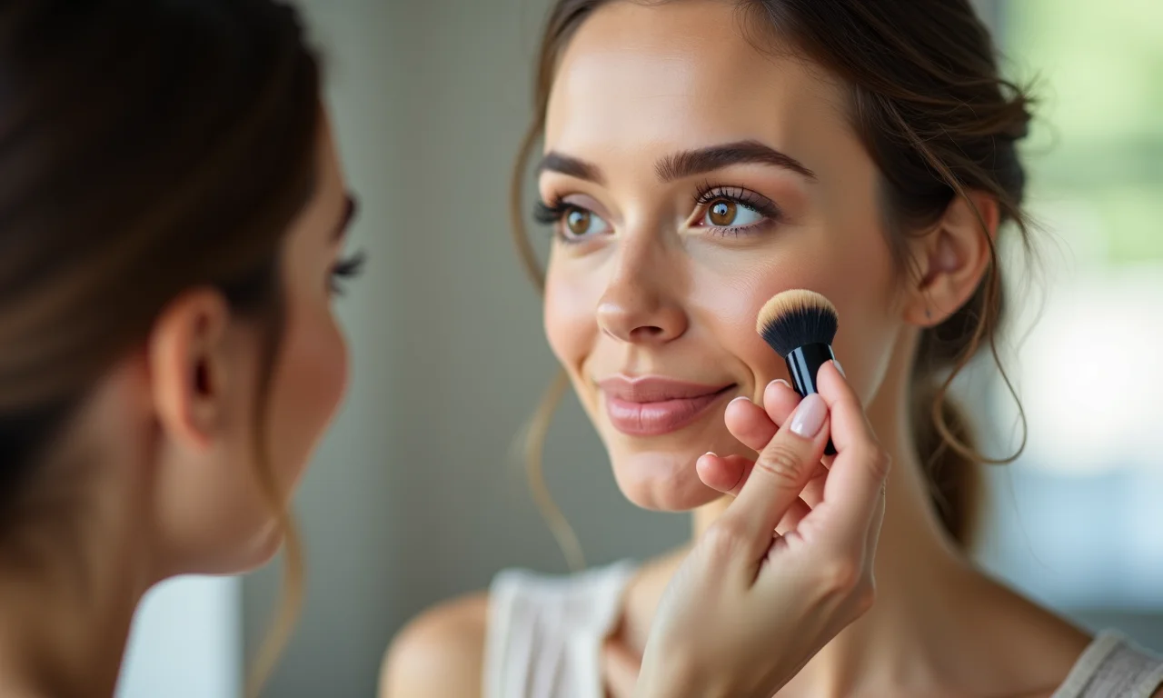 Mulher escolhendo base e corretivo com tons adequados.