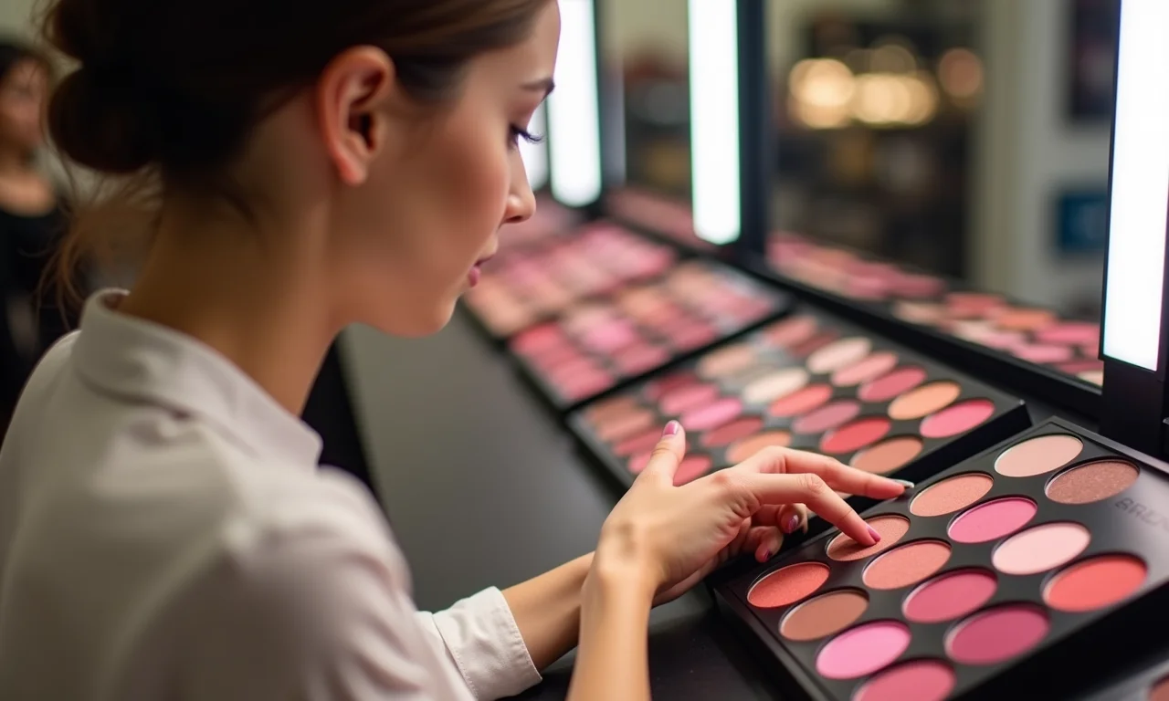 Mulher escolhendo tons de blush em uma loja de maquiagem.