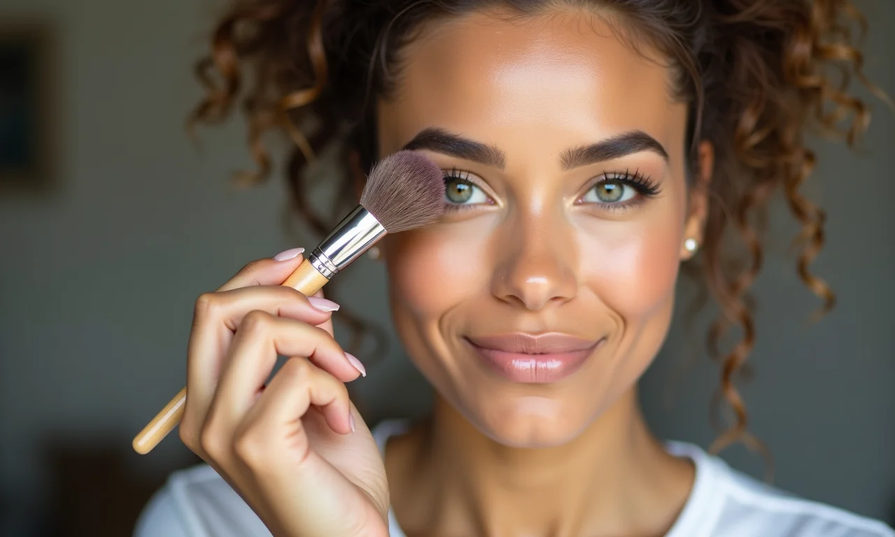 Mulher esfumando sombra neutra com pincel macio.