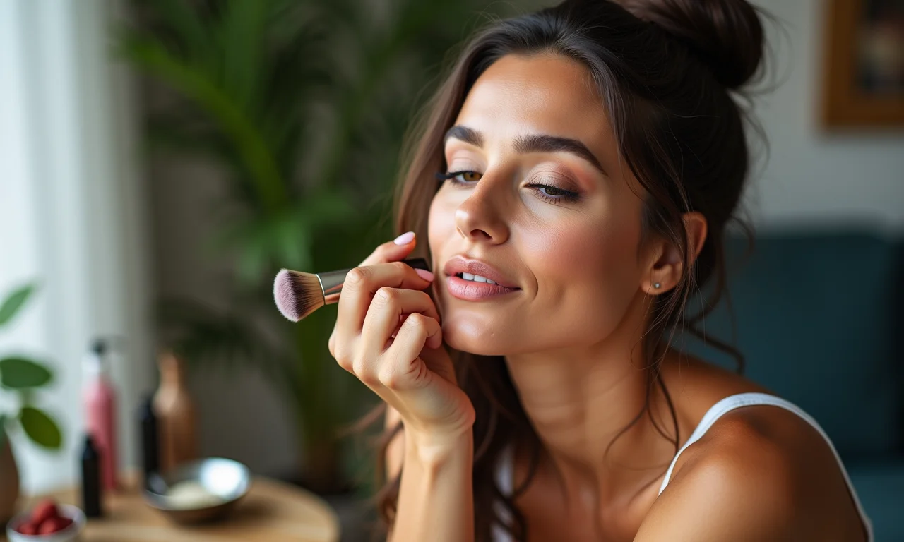 Mulher fazendo sua própria maquiagem vegana em casa.