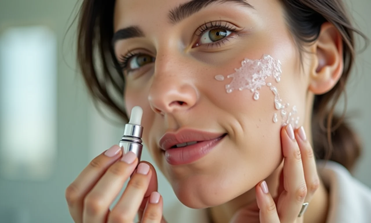 Mulher hidratando a pele com sérum, pele viçosa e hidratada.