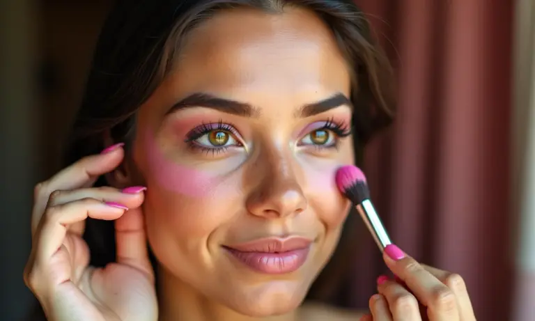 Mulher jovem aplicando maquiagem coquette aesthetic, pele iluminada e tons rosados.