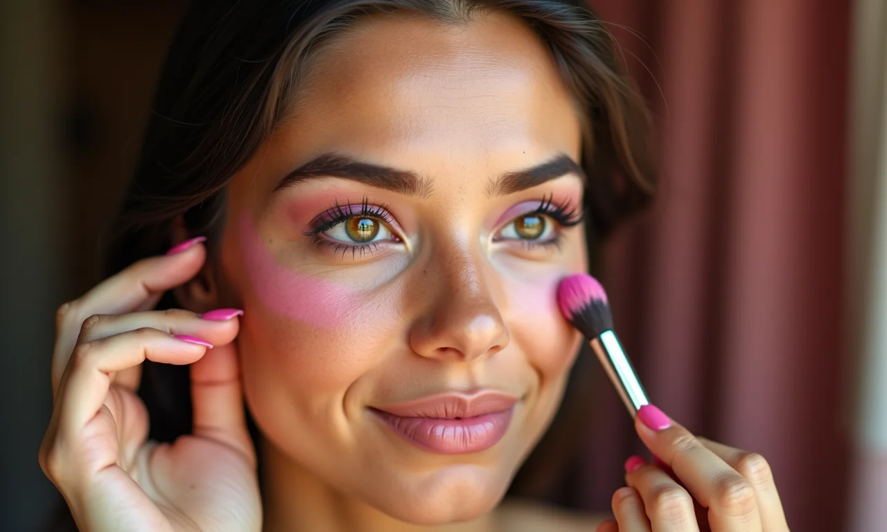 Mulher jovem aplicando maquiagem coquette aesthetic, pele iluminada e tons rosados.