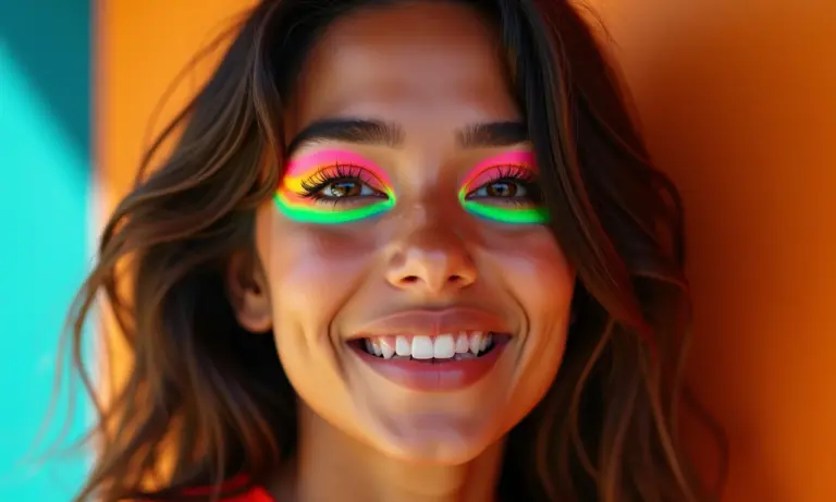Mulher jovem brasileira com delineador neon vibrante e sorriso alegre.