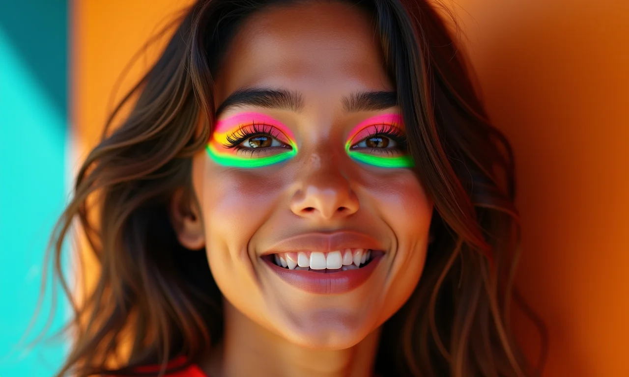Mulher jovem brasileira com delineador neon vibrante e sorriso alegre.
