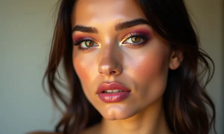 Mulher jovem brasileira com maquiagem Y2K vibrante e gloss labial.