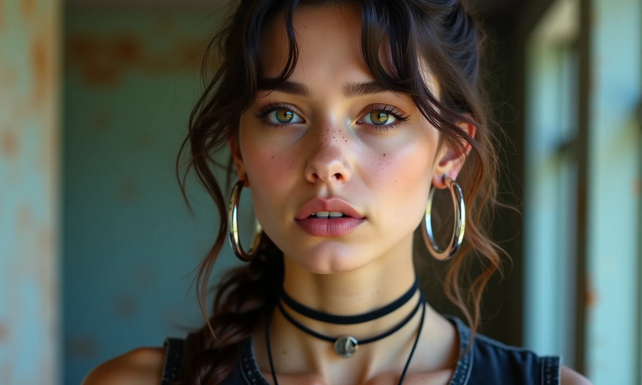 Mulher jovem com brincos de argola e gargantilha, acessórios do look grunge.