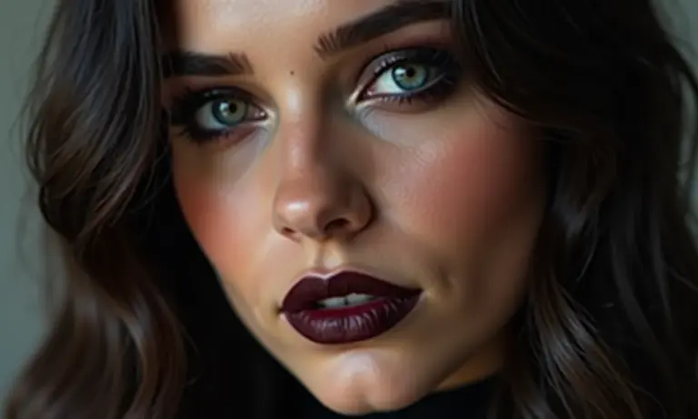 Mulher jovem com maquiagem gótica suave moderna, lábios escuros e olhos esfumados.
