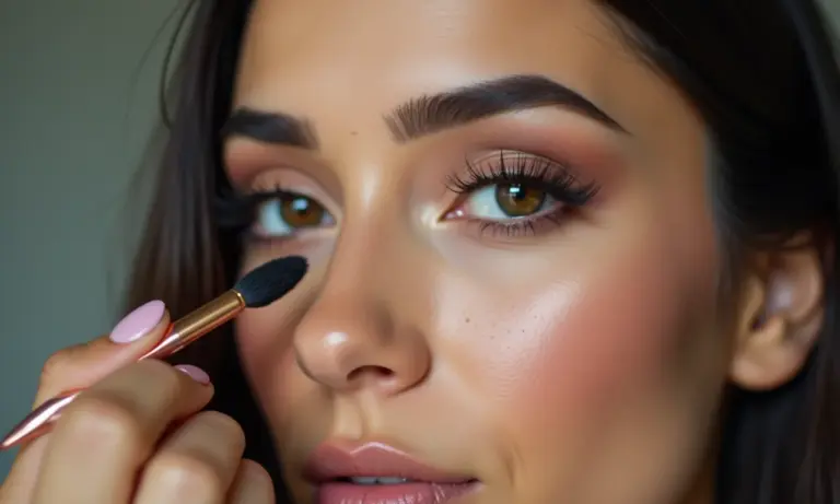 Mulher latina aplicando maquiagem para pálpebras gordinhas, realçando o olhar.