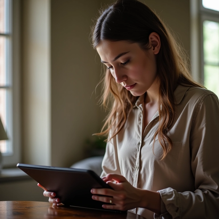 Mulher lendo atentamente uma descrição de vaga em um tablet, em um apartamento estilo Farm Rio.