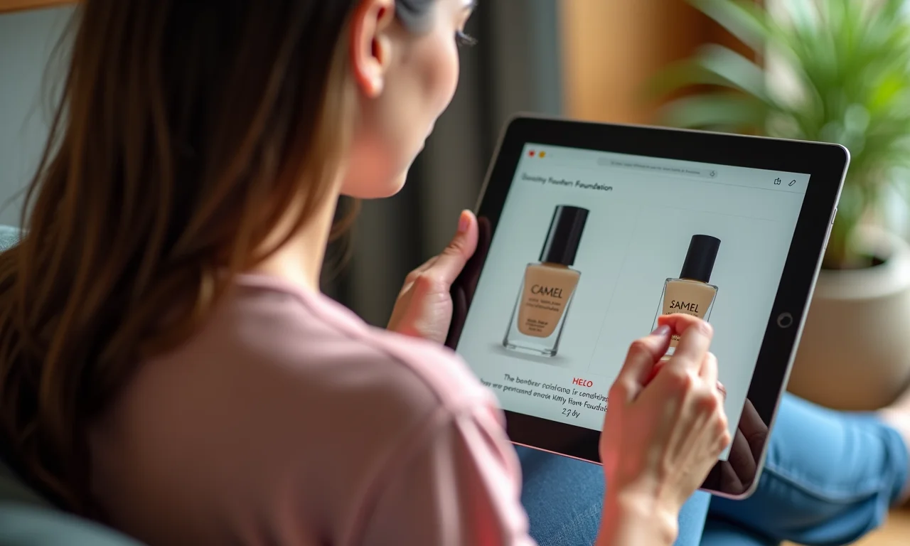 Mulher lendo resenhas de bases online.