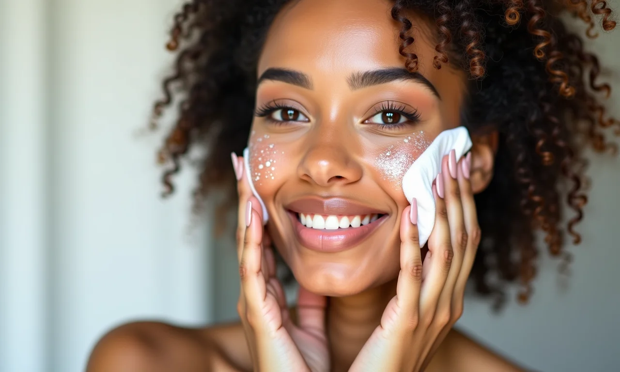 Mulher limpando o rosto antes de aplicar maquiagem com glitter.