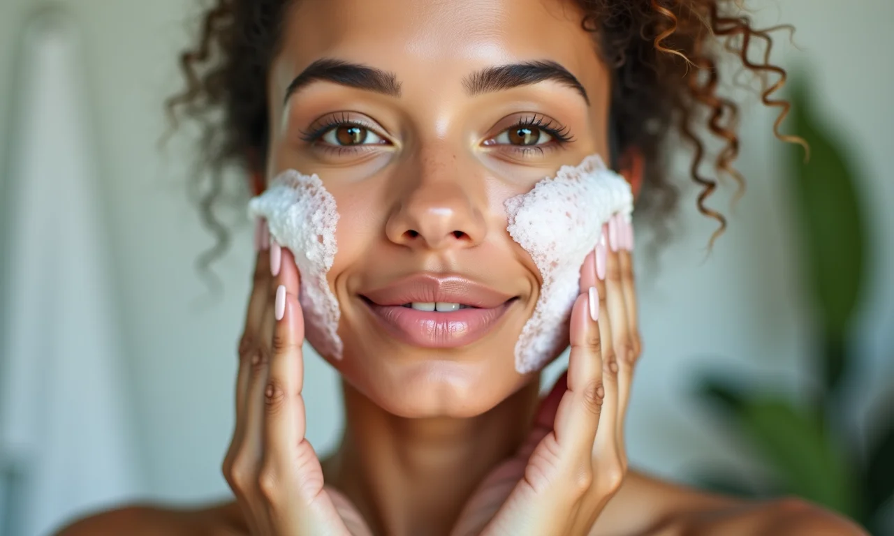 Mulher limpando o rosto com sabonete facial suave.