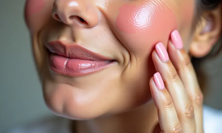 Mulher madura aplicando blush cremoso, pele radiante e hidratada.