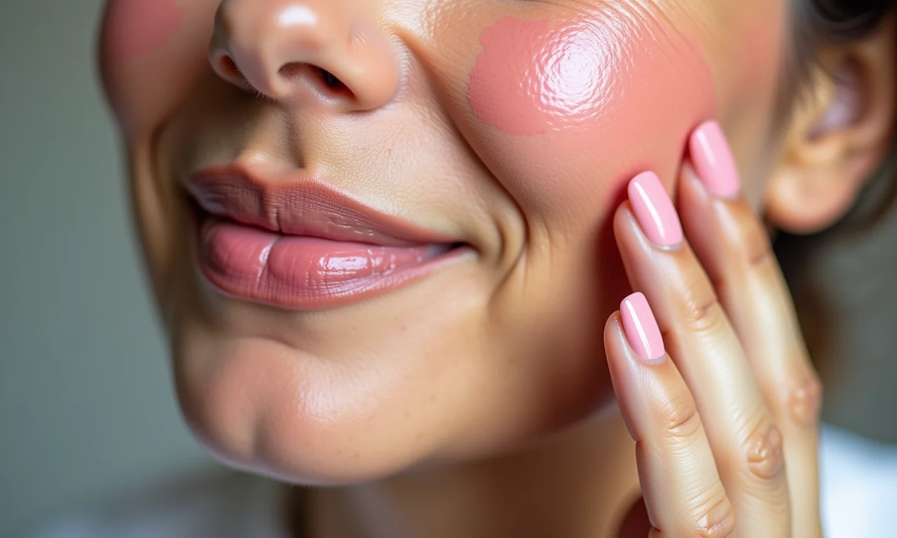 Mulher madura aplicando blush cremoso, pele radiante e hidratada.