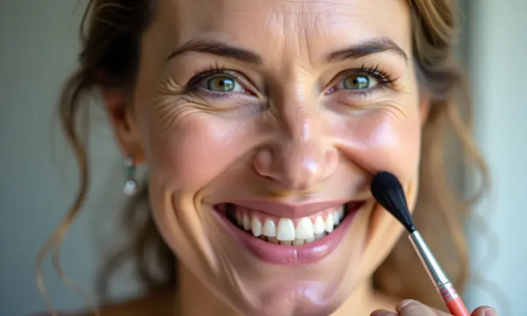 Mulher madura aplicando maquiagem para disfarçar linhas de expressão.