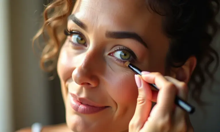 Mulher madura aplicando maquiagem para pele iluminada.