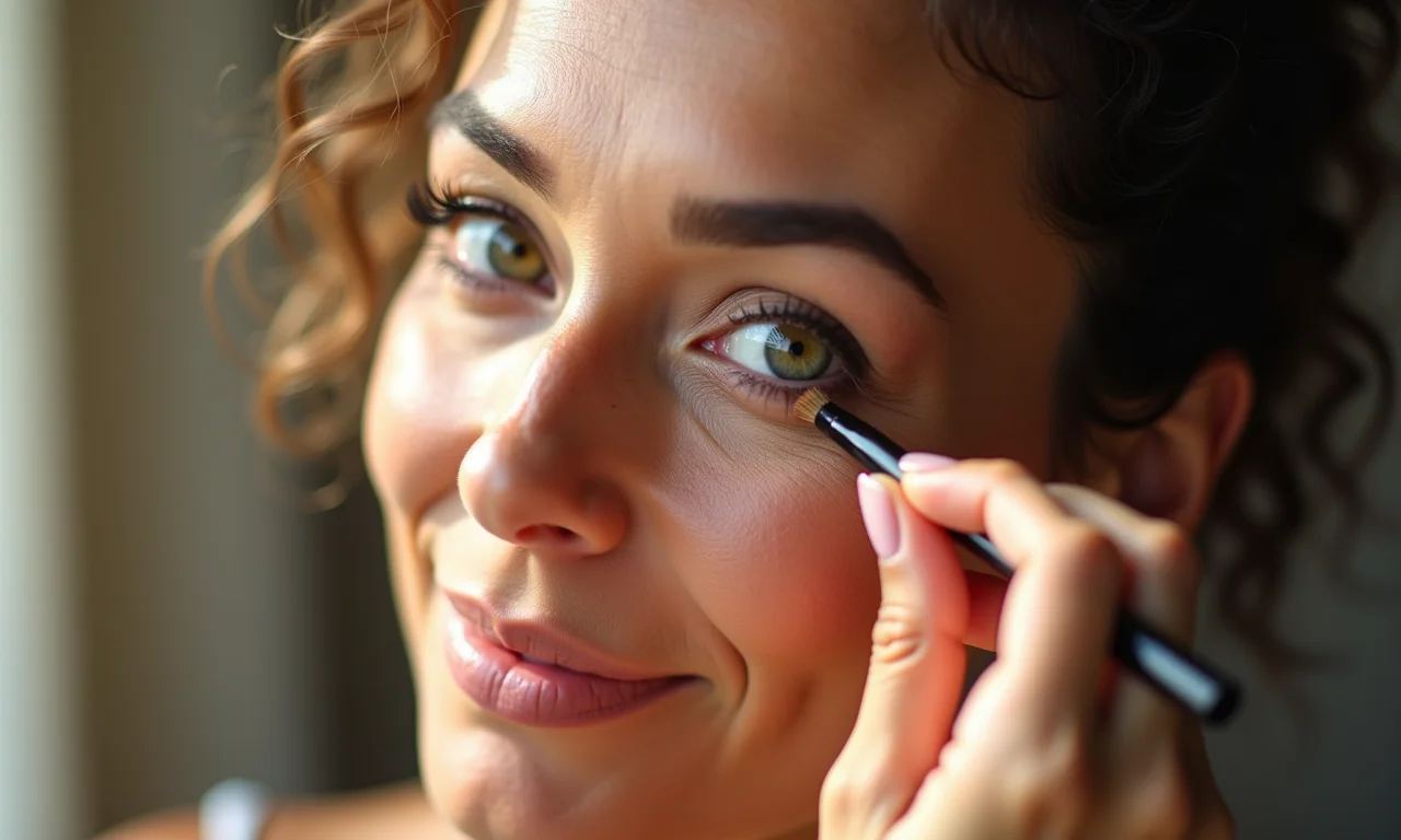 Mulher madura aplicando maquiagem para pele iluminada.