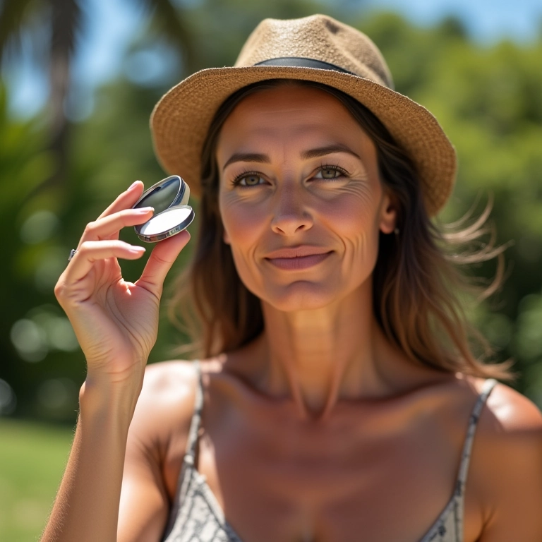 Mulher madura aplicando pó compacto com FPS para proteger a pele do sol.