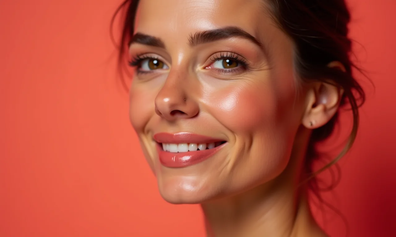 Mulher madura com blush coral, realçando a beleza da pele.