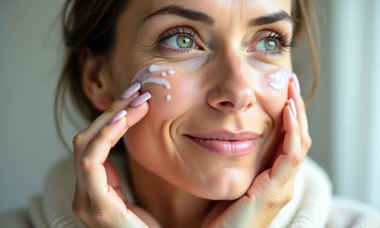 Mulher madura hidratando a pele com sérum.