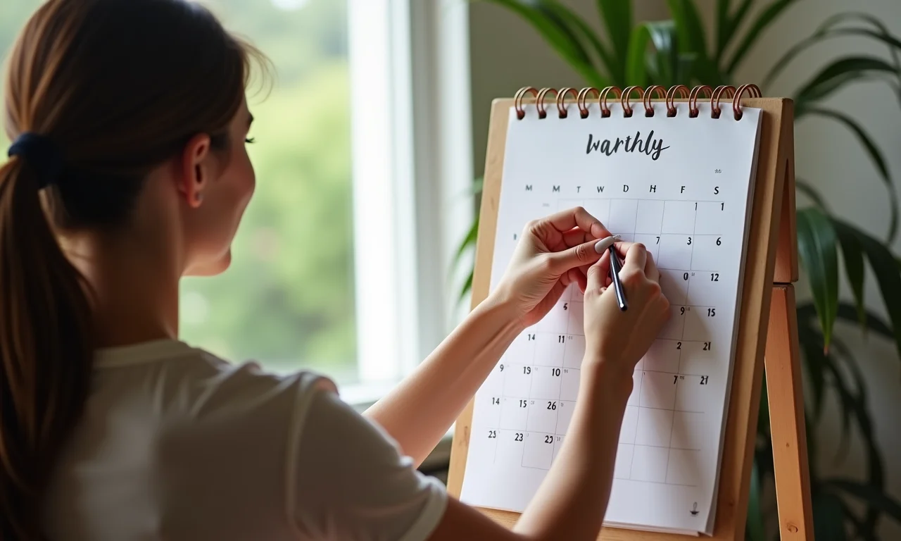 Mulher marcando no calendário a frequência ideal para lavar os pincéis.