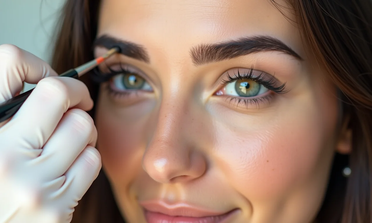 Mulher modelando sobrancelhas naturais e definidas.