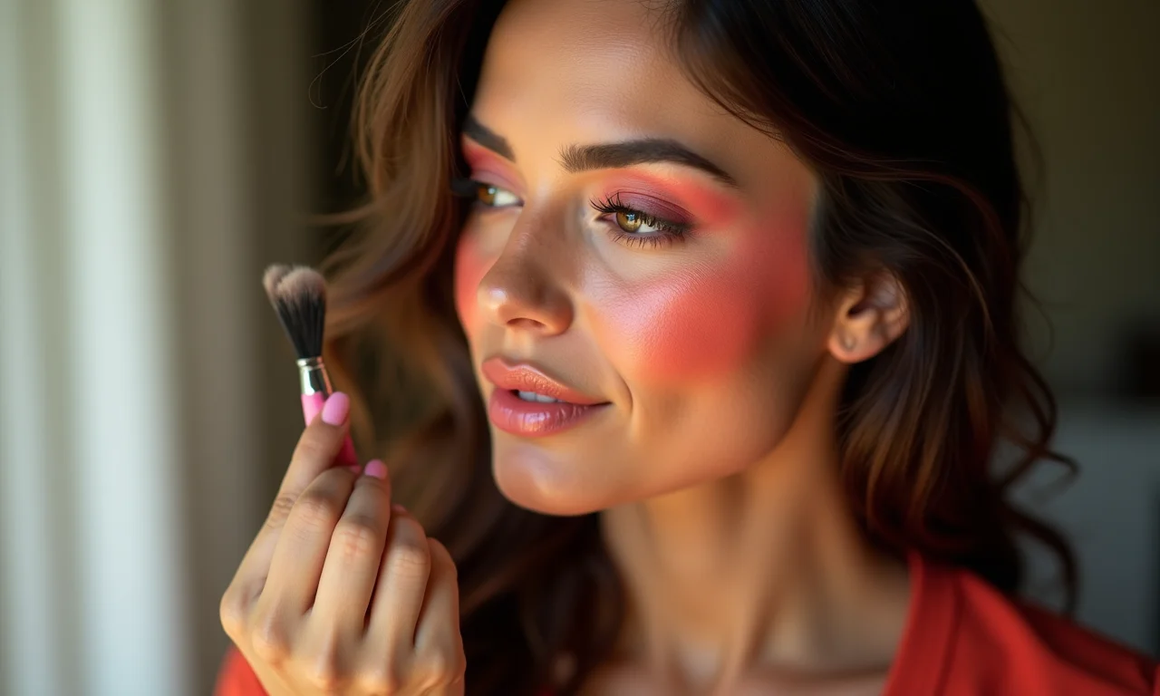 Mulher morena aplicando blush coral.