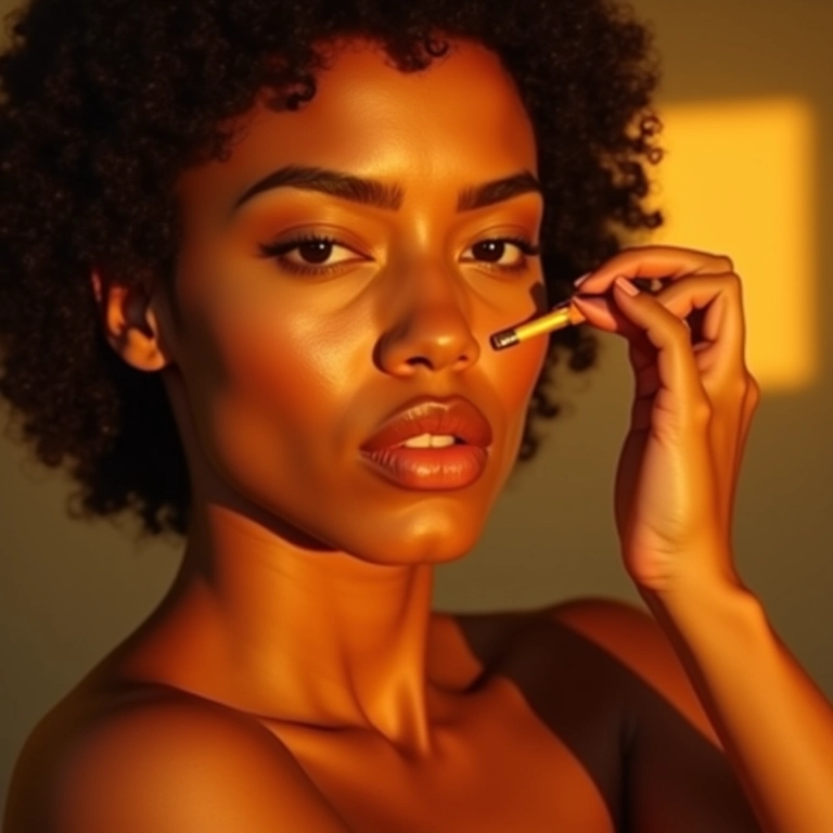 Mulher morena aplicando iluminador mineral dourado ou bronze.