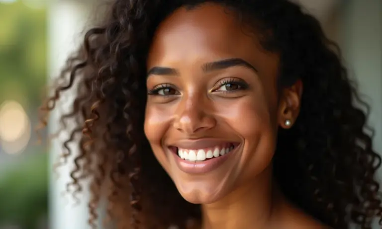 Mulher morena sorrindo com maquiagem de formatura.