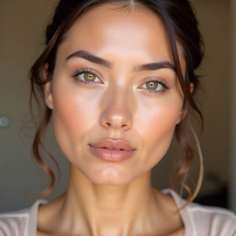 Mulher mostrando diferentes acabamentos de base não comedogênica: matte, natural e luminoso.