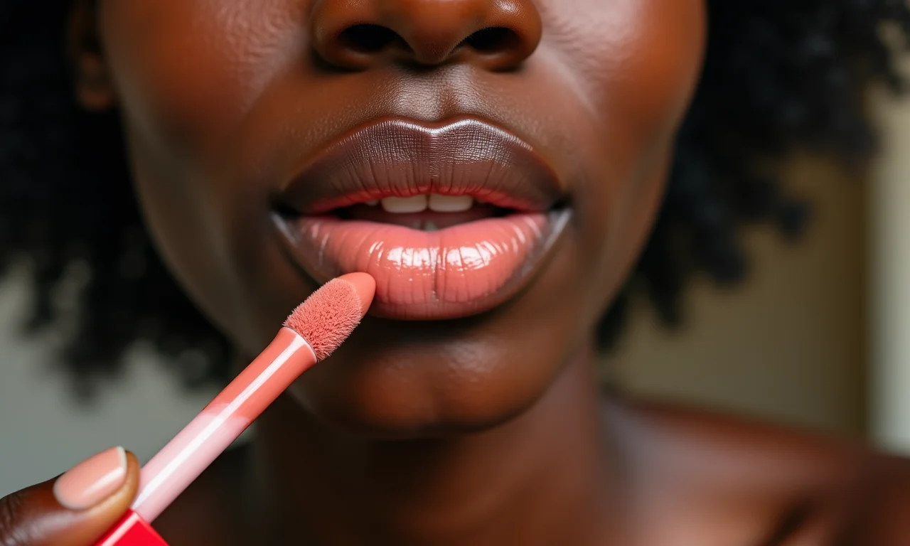 Mulher negra aplicando batom nude com gloss.