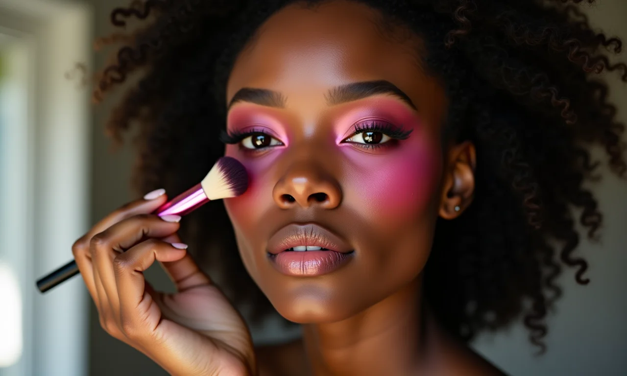Mulher negra aplicando blush vinho.