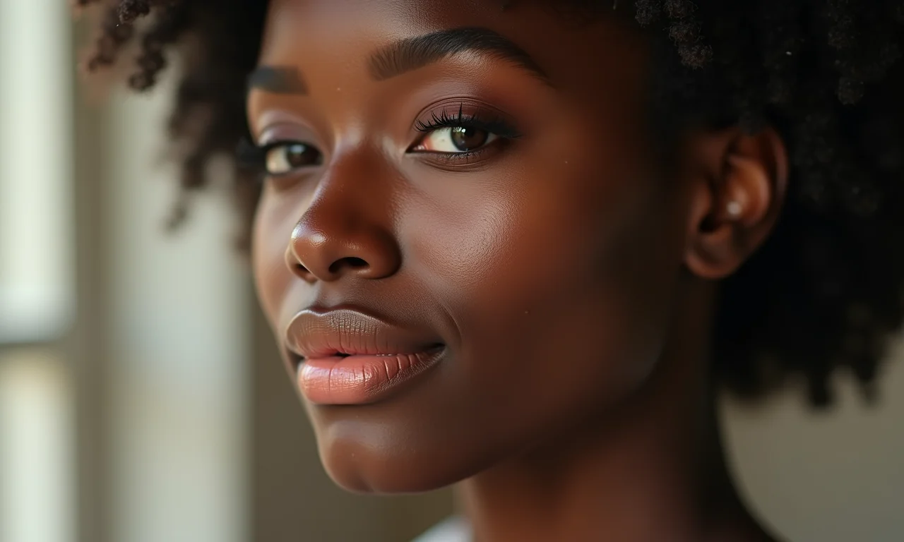 Mulher negra com batom nude suave para o dia a dia.