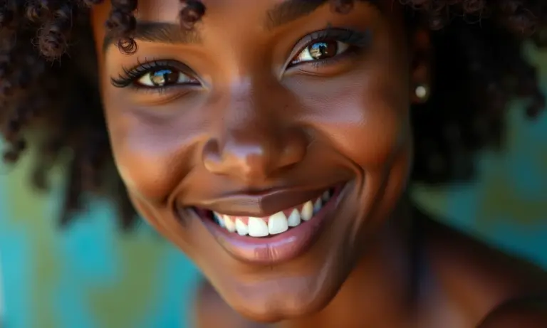 Mulher negra com sardas e maquiagem natural realçando sua beleza única.