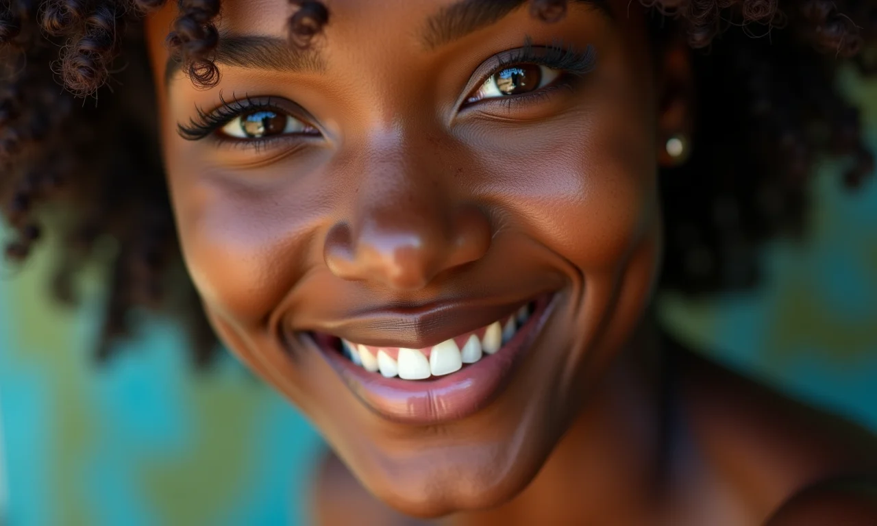 Mulher negra com sardas e maquiagem natural realçando sua beleza única.