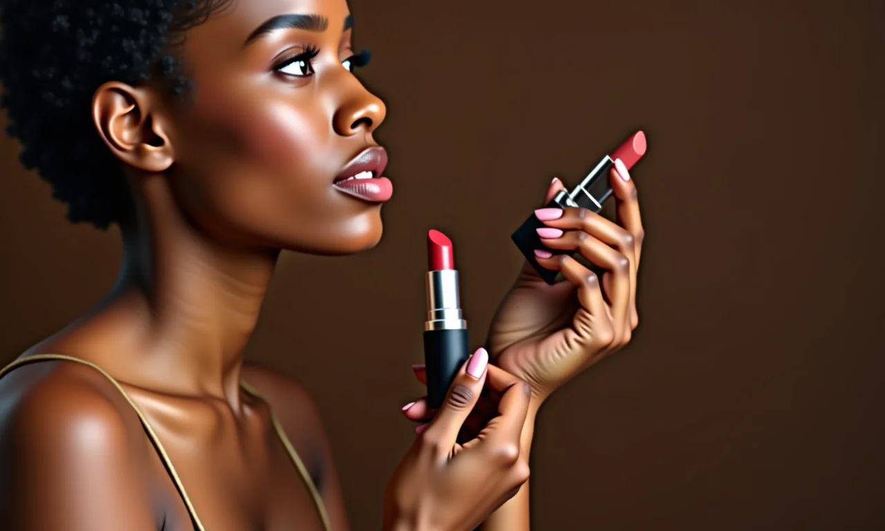 Mulher negra escolhendo batom nude para subtom quente.