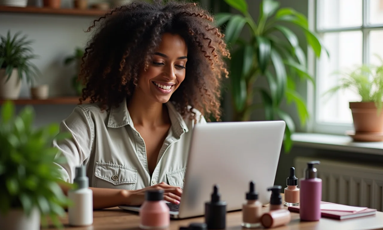 Mulher pesquisando marcas de maquiagem vegana no laptop.