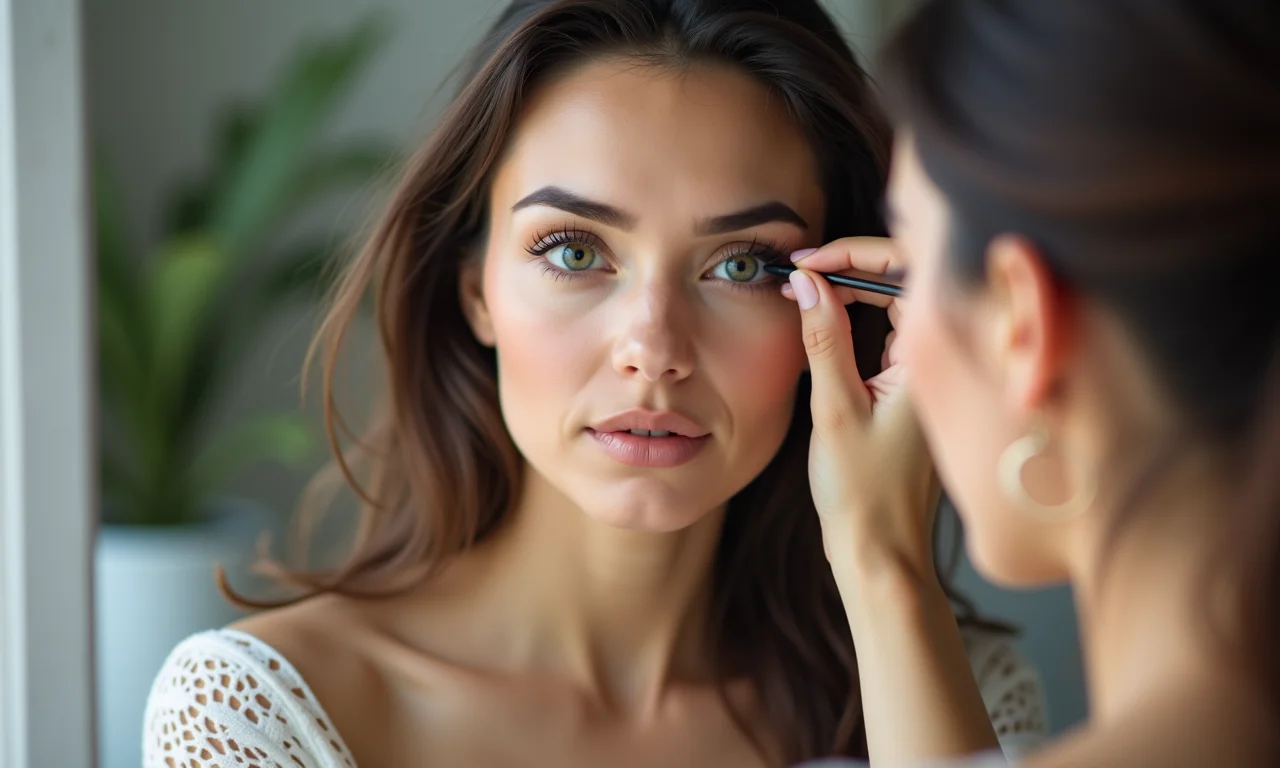 Mulher praticando o delineado em frente ao espelho.