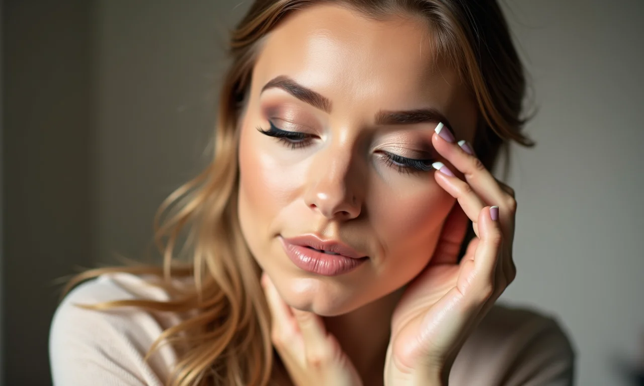 Mulher preparando a pálpebra com primer antes da sombra.