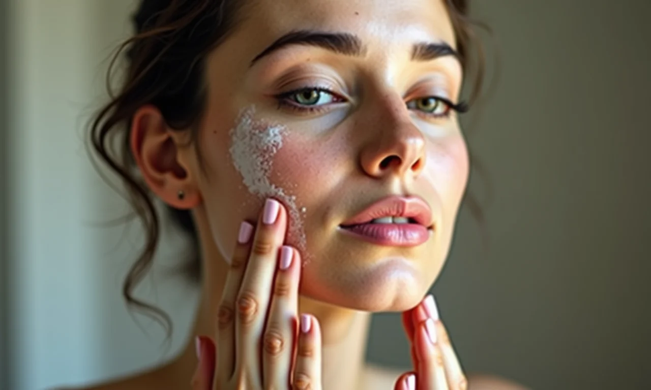 Mulher preparando a pele para maquiagem dark coquette com produtos de skincare.