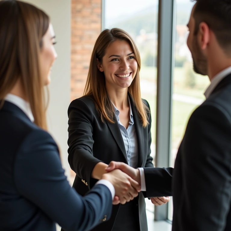 Mulher profissional apertando a mão do entrevistador, agradecendo pela oportunidade.