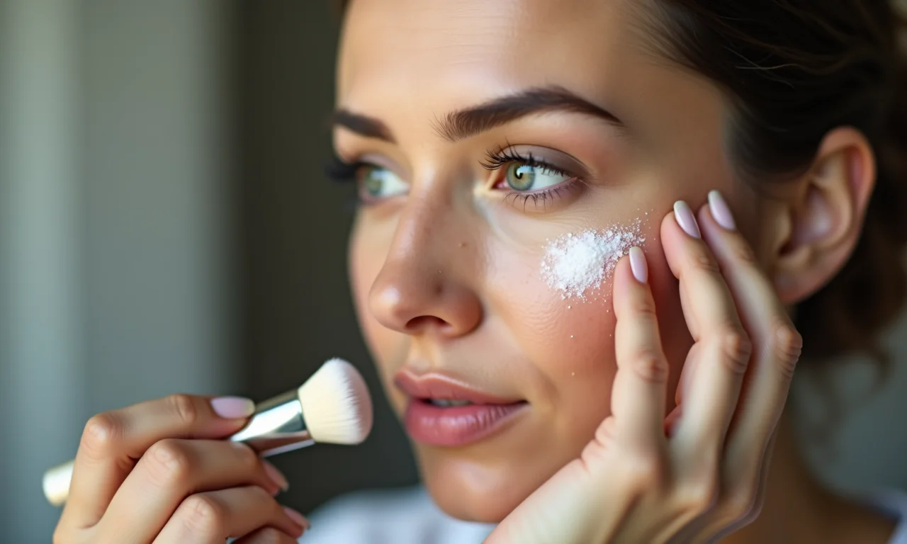 Mulher removendo o excesso de pó translúcido após o baking.