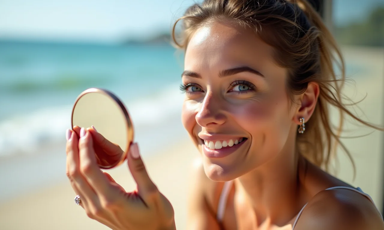 Mulher retocando a maquiagem com espelho compacto na praia.